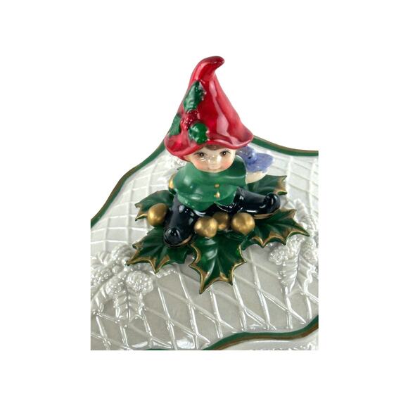 Vintage Hand Painted Cracker Barrel Christmas Tree Candy Trinket Dish With Pixie - Picture 8 of 16